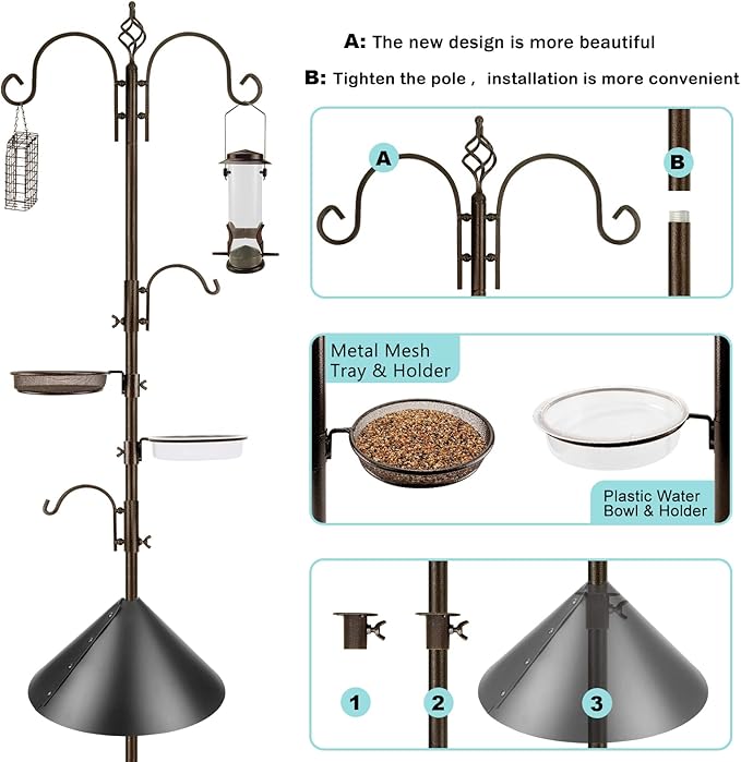 Bird Feeding Station Kit with Squirrel Baffle and Suet Cage Wild Bird Feeder Kit with Mesh Tray, Fruit Hook, and Double W Hook for Attracting Wild Birds-VerdiqueGarden