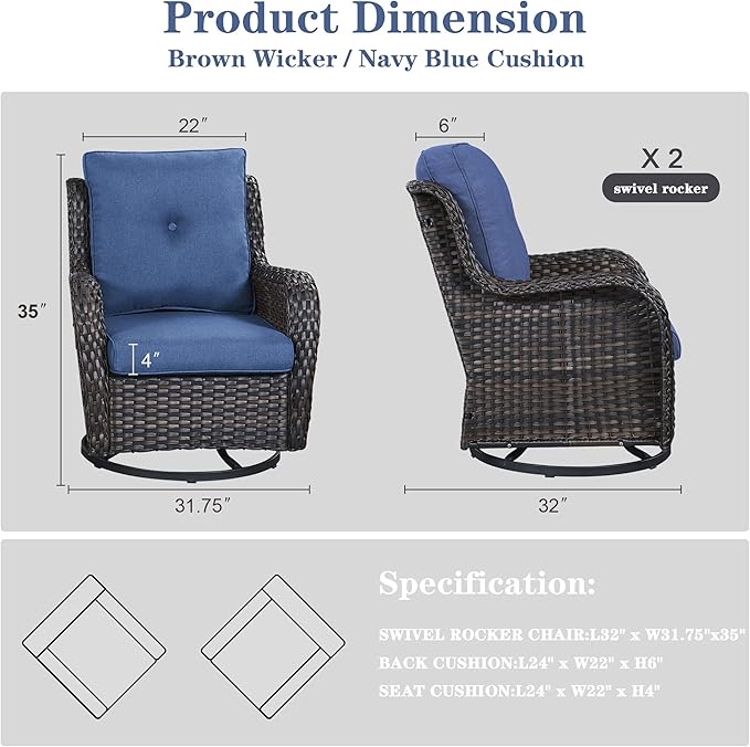 Outdoor Swivel Rcoker Patio Chairs - Outdoor Swivel Patio Chairs Set of 2 Wicker Chair Patio Furniture Sets with Covered Cushion for Porch Deck Balcony Garden, Blue-VerdiqueGarden