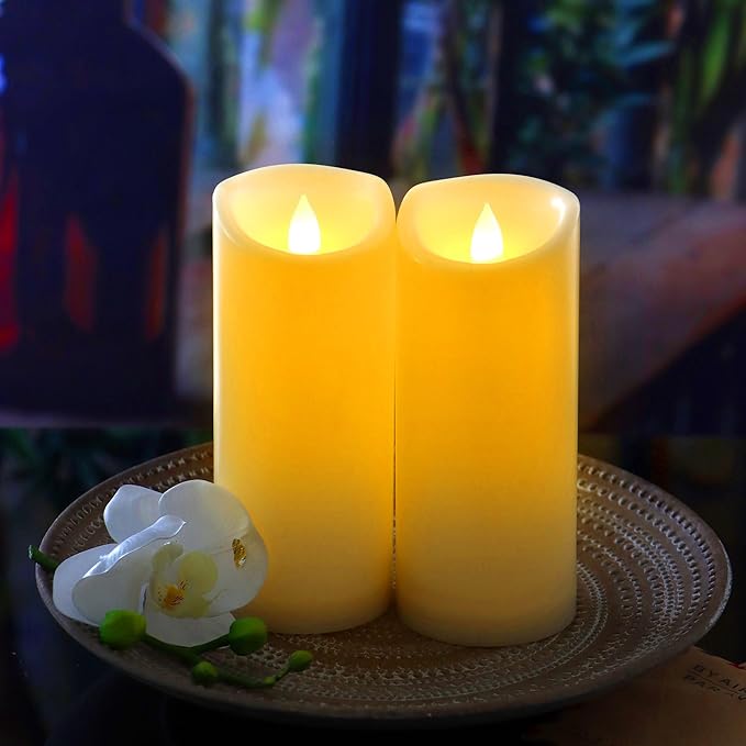 CANDLE CHOICE Waterproof Outdoor Battery Operated Flameless Candles with Timer Flickering Plastic Resin Electric LED Pillar Lights for Lantern Patio Garden Wedding Party Decorations 3x7 Inches 2 Pack-VerdiqueGarden