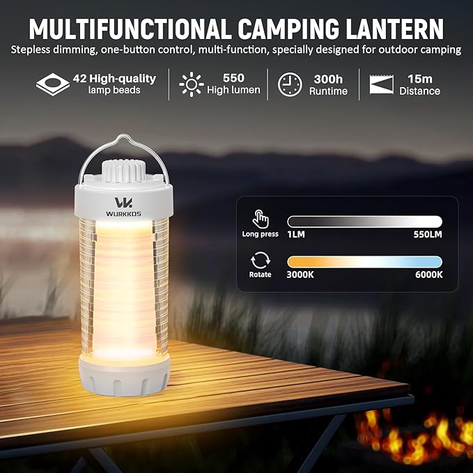 Wurkkos CL01 Camping Lantern Rechargeable, 550LM Waterproof Tent Light with Magnet Base, Up to 300H Runtime,Portable Lantern Flashlight with RGB light,Emergency Camp Light for Hurricane,Hiking,Camping-VerdiqueGarden