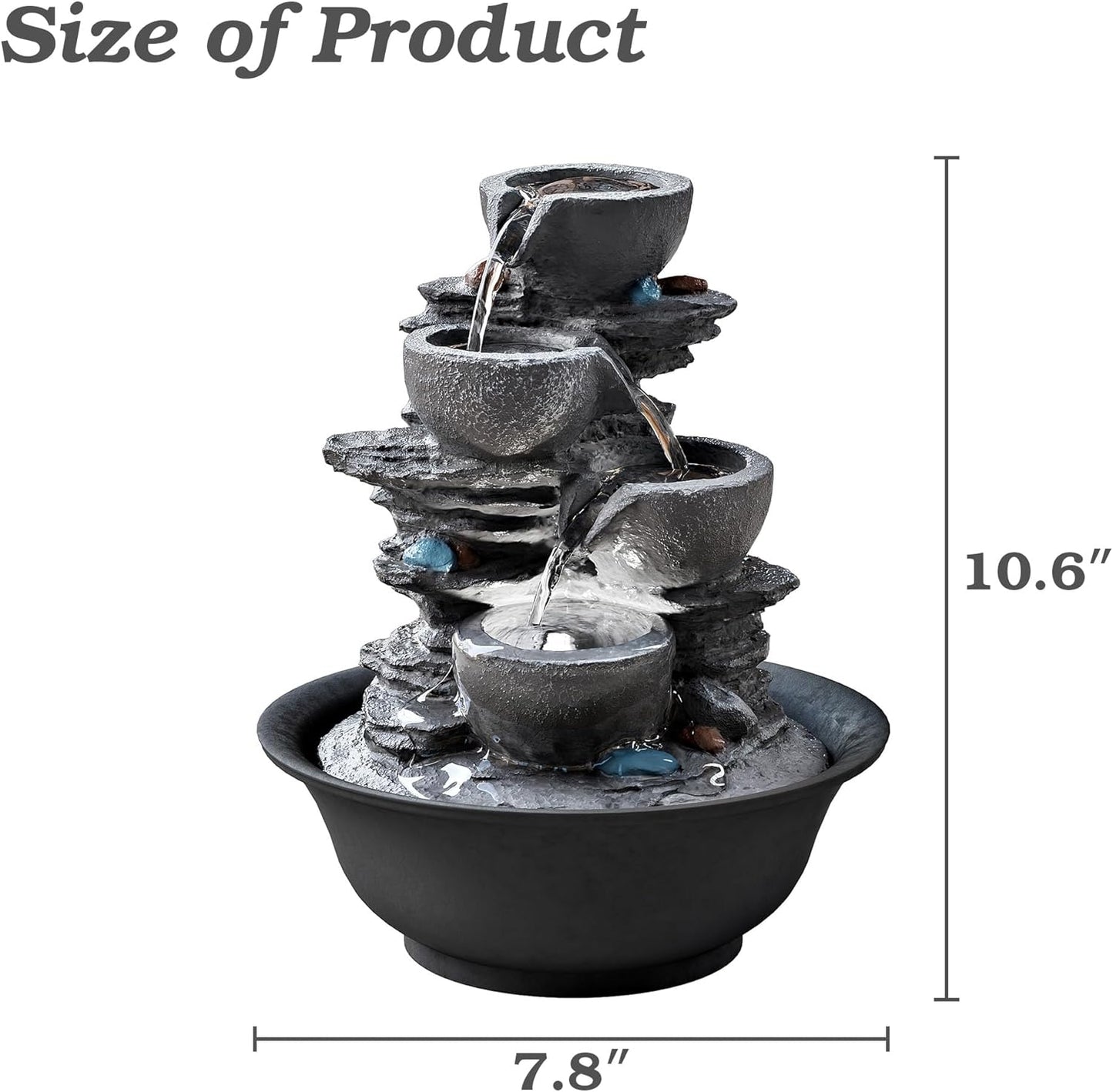 10.6inch Tabletop Fountain, Indoor Waterfall Fountains with LED Light, Realistic Rock Design for Soothing Ambiance in Bedrooms, Living Rooms, Offices, or Meditation Spaces-VerdiqueGarden