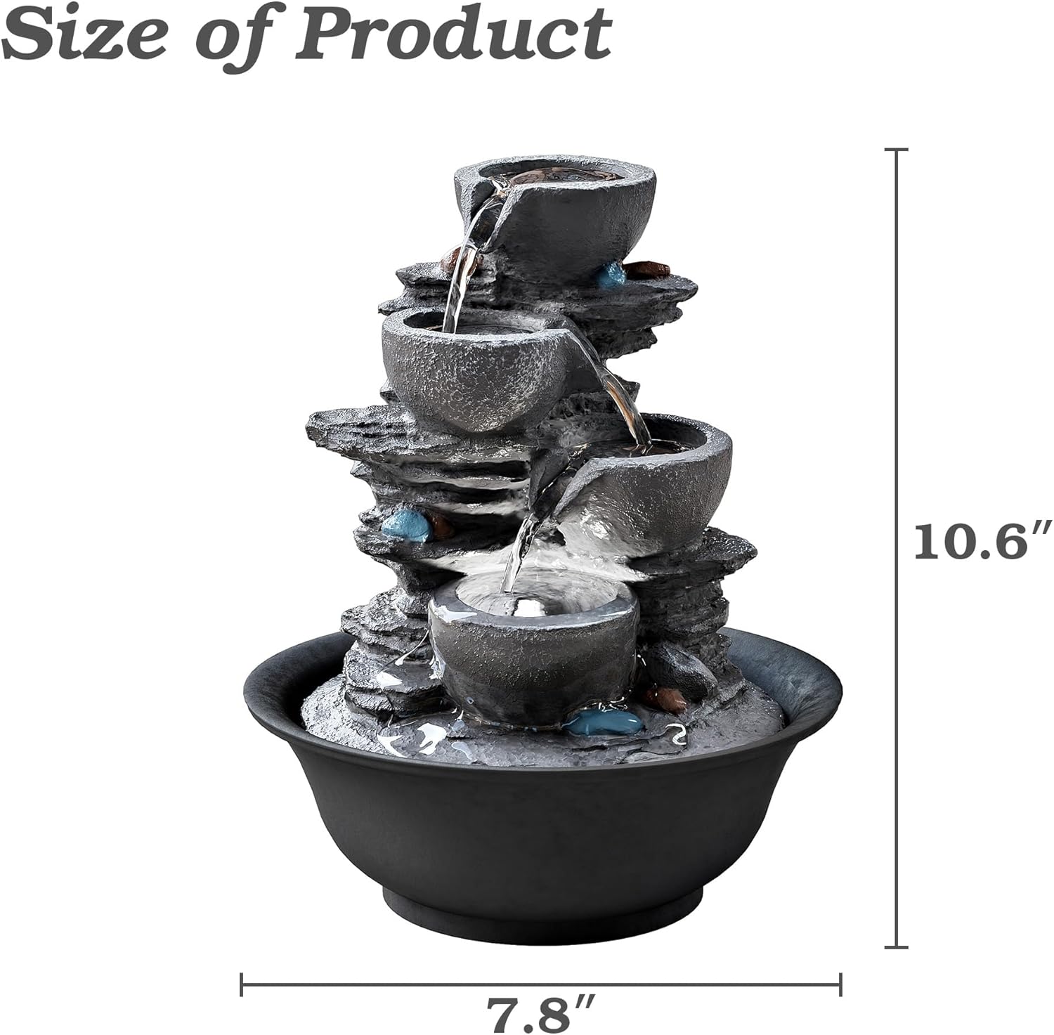 10.6inch Tabletop Fountain, Indoor Waterfall Fountains with LED Light, Realistic Rock Design for Soothing Ambiance in Bedrooms, Living Rooms, Offices, or Meditation Spaces-VerdiqueGarden