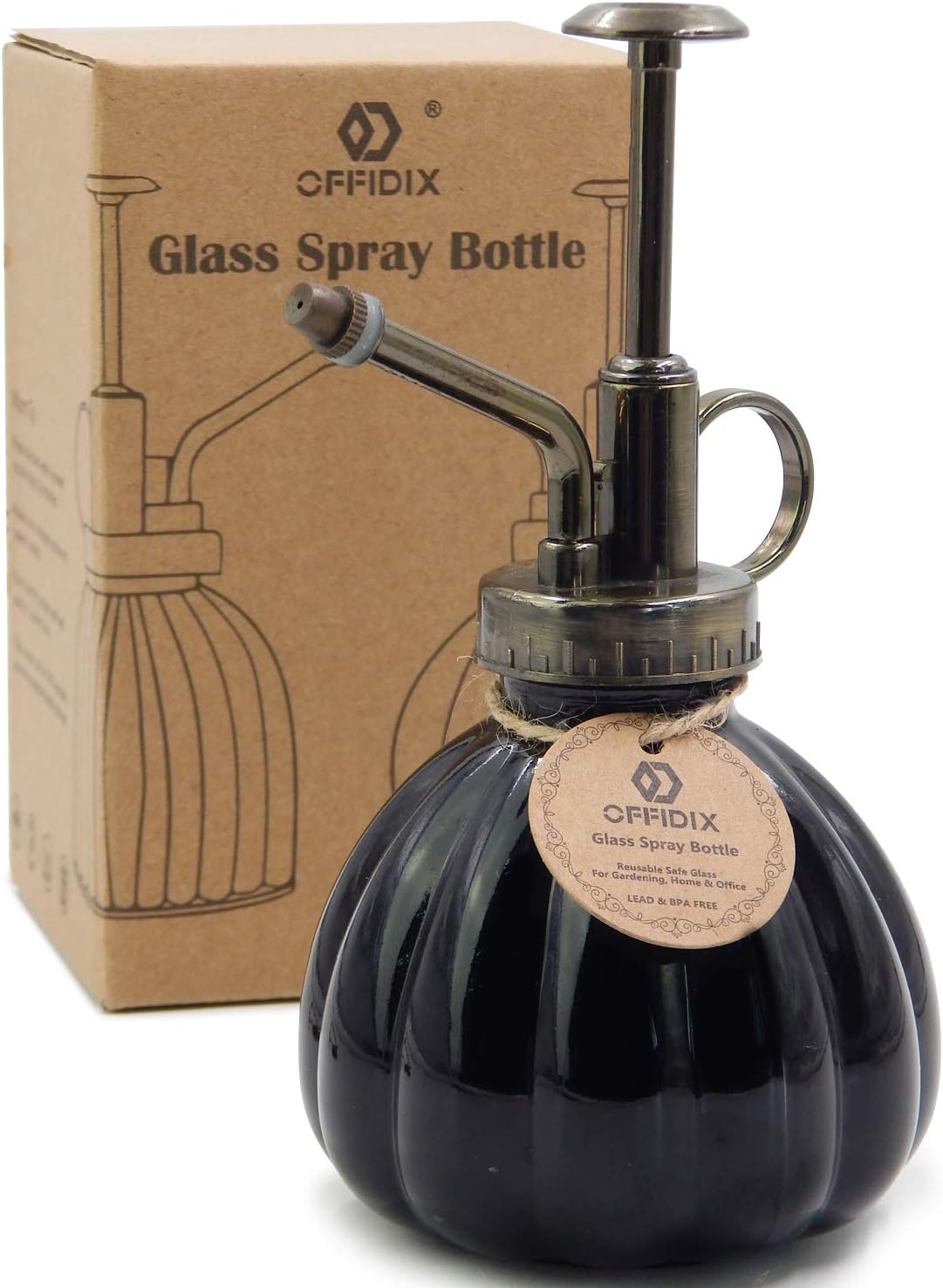 OFFIDIX Plant Mister Flower Watering Can, 6.3" Tall Vintage Pumpkin Style Black Color Glass Spray Bottle & Bronze Plastic Top Pump Ideal for Watering Small Plants Inside Home or Office-VerdiqueGarden