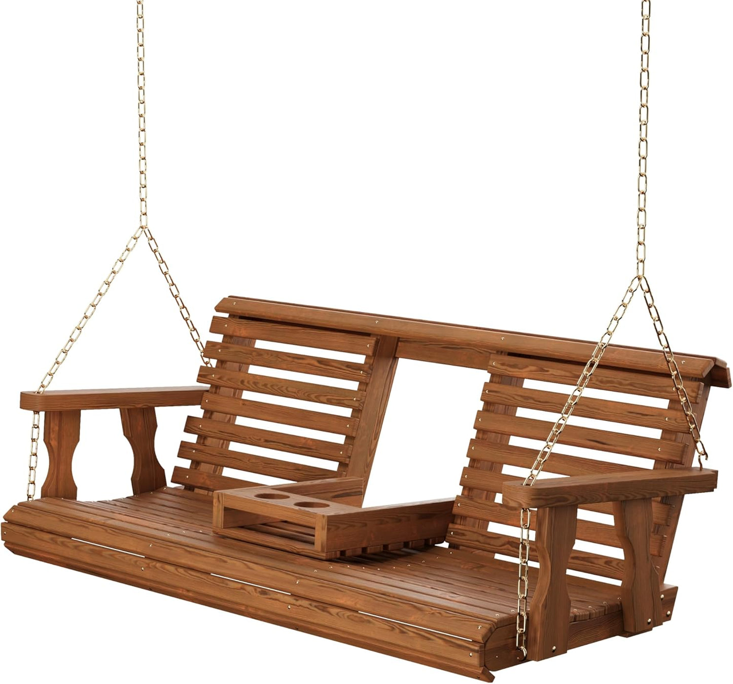 Porchgate Amish Heavy Duty Console Porch Swing with Fold Down Cup Holders in Oak Stain - Amish Made in The USA from Treated Pine, Hanging Chains Included-VerdiqueGarden