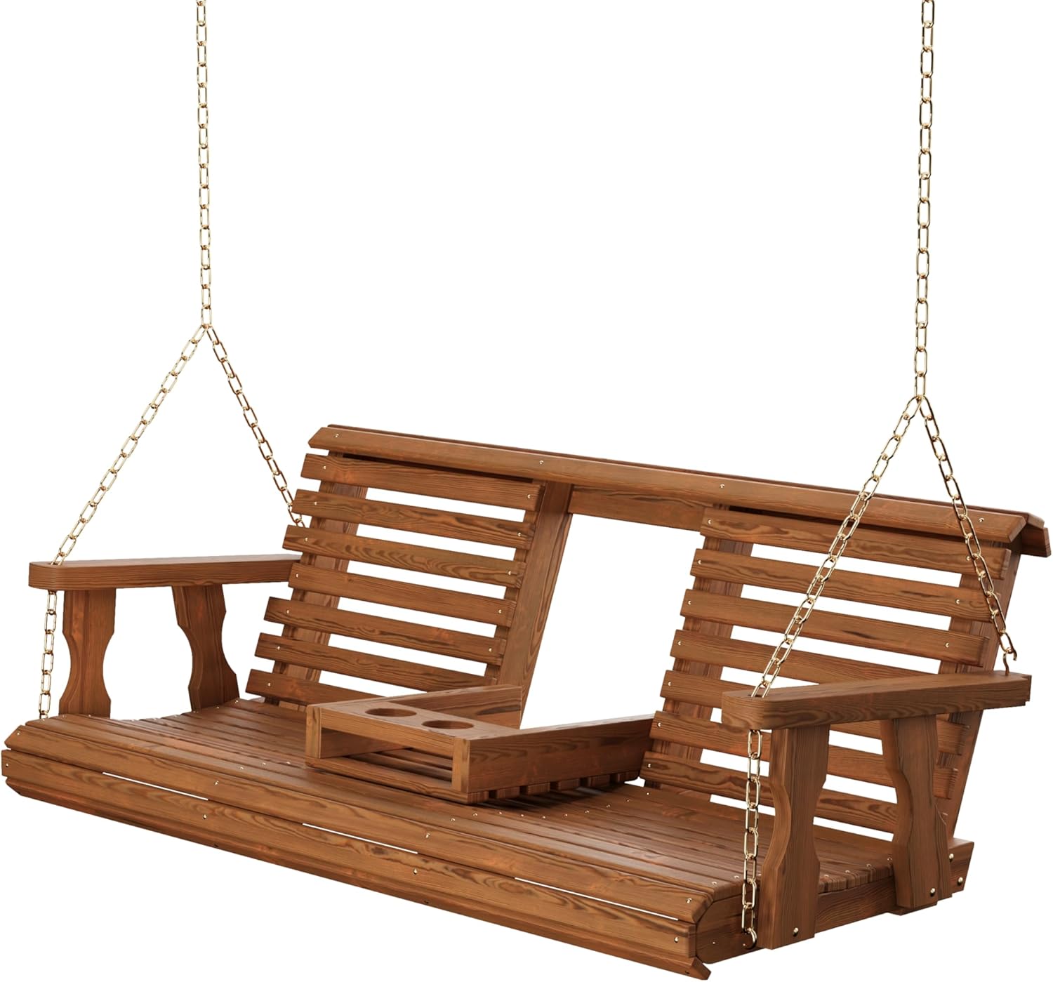 Porchgate Amish Heavy Duty Console Porch Swing with Fold Down Cup Holders in Oak Stain - Amish Made in The USA from Treated Pine, Hanging Chains Included-VerdiqueGarden