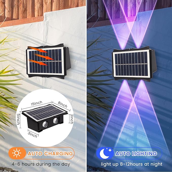 Solar Powered Outdoor LED Lights, Waterproof Wall Sconces, 4 LEDs Fence Lights, Up & Down Lighting for Backyard, Deck, Patio, Porch, Balcony, Garden (4 Pack)-VerdiqueGarden