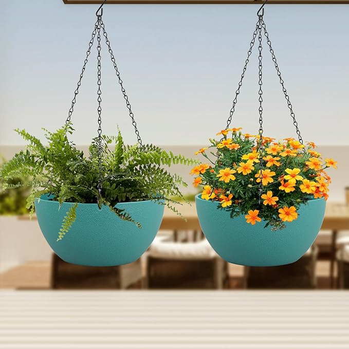 12 inch Large Hanging Planters for Indoor Outdoor Plants, 2 Pack Hanging Flower Plant Pots with Drainage Holes and Chain for Garden Porch, Plastic Hanging Baskets for House Plants, Blue Green-VerdiqueGarden