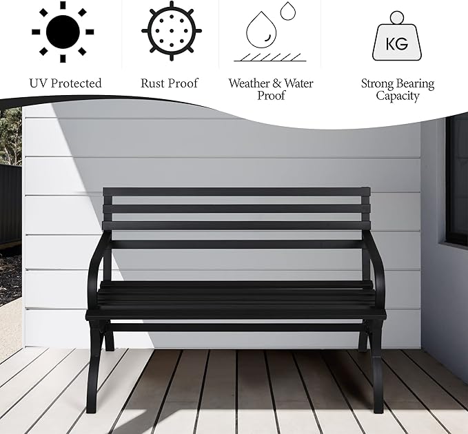 PHI VILLA Outdoor Garden Bench, 48” Long Metal Steel Bench with Backrest and Armrests, Modern Slatted Design for Patio, Lawn, Yard, Porch - Black-VerdiqueGarden