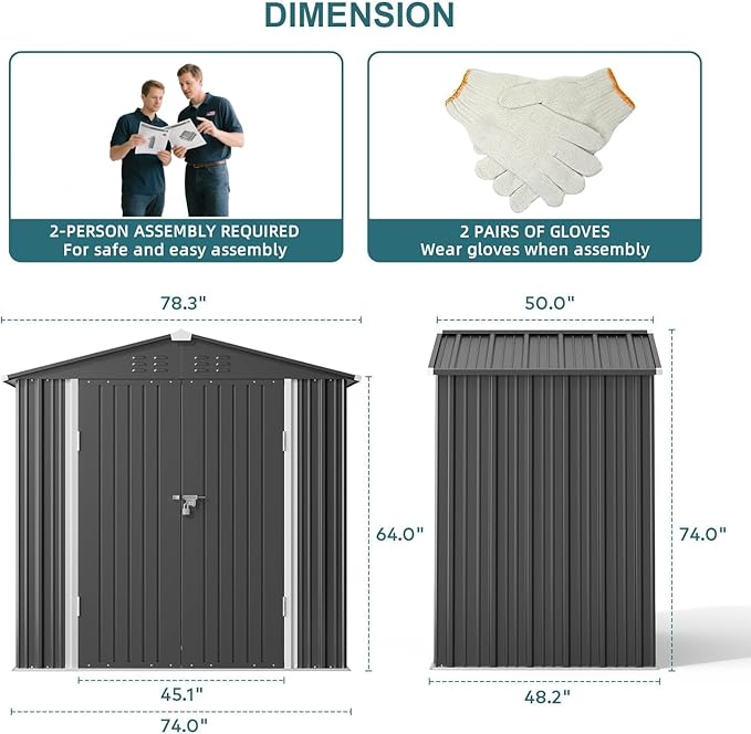 Gizoon Outdoor Storage Shed 6 x 4 FT, Galvanized Metal Garden Shed with Double Lockable Doors, Outdoor Storage Clearance for Backyard Patio Lawn-Dark Grey-VerdiqueGarden