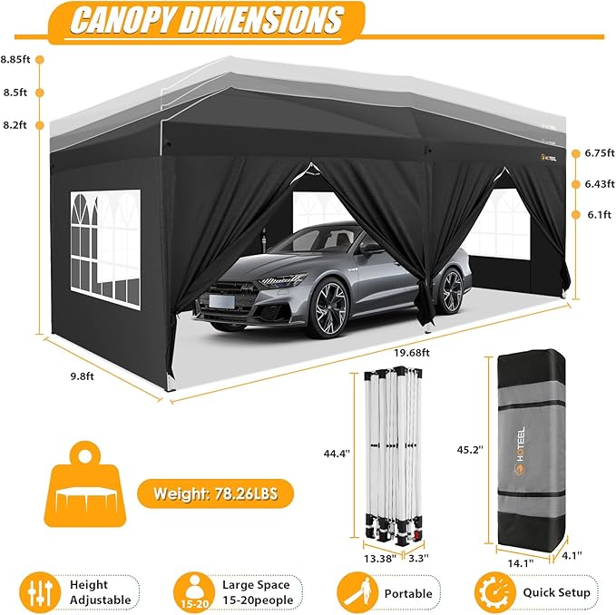 HOTEEL 10x20 Pop up Canopy with 6 Sidewalls, One Push Instant Setup Outdoor Canopy Tent with Reinforce Rod, Weight Bag, for Parties, Events, Black-VerdiqueGarden