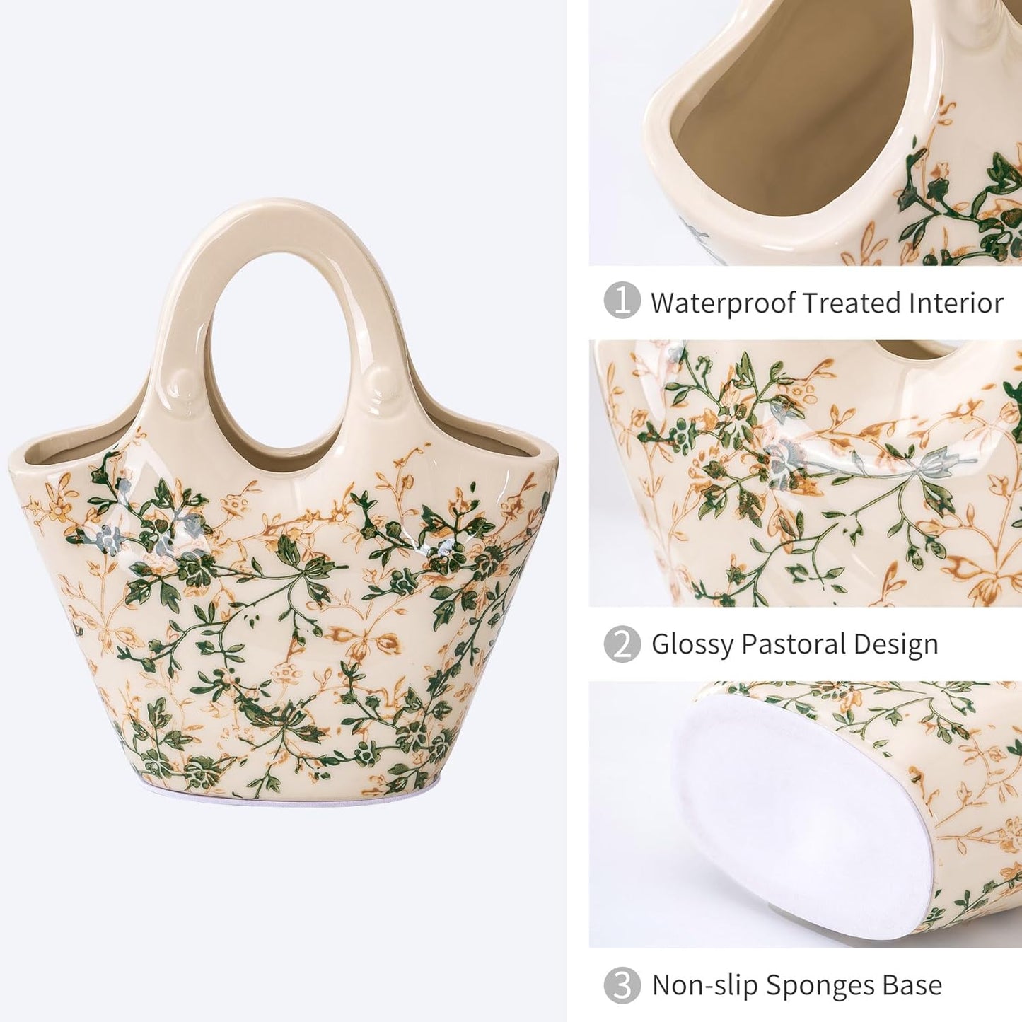 Ceramic Purse Vase for Flowers, Cute Handbag Vases, Vintage Green and Beige Floral Vase, Rustic Farmhouse Vases for Living Room, Kitchen, Bedroom, Table Centerpiece, Chinoiserie and Tuscan Decor 9 in-VerdiqueGarden
