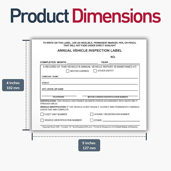 100 Pack Buck Annual Vehicle Inspection Label, 2-Ply Adhesive Vinyl with Mylar Laminate, FMCSA & DOT Compliant, Weatherproof, Tear Resistant, Easy to Write On, 5" x 4" - Made in USA-VerdiqueGarden