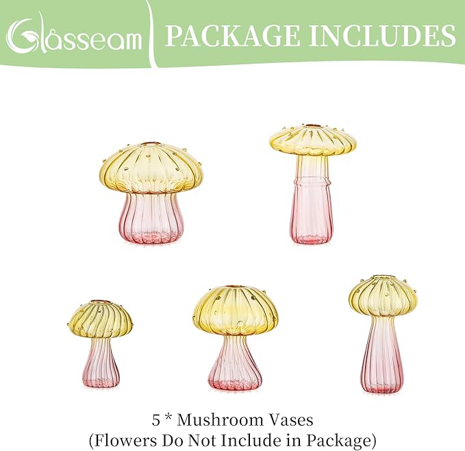 Glasseam Mushroom Plant Propagation Stations: Colored Glass Terrarium Jar Set of 5 Cute Planters for Indoor Plants Mini Propagate Station Unique Christmas Birthday Gifts for Women Home Office Decor-VerdiqueGarden