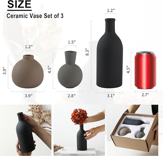 Ceramic Vase Set of 3, Vases Home Decor Rustic Farmhouse Decor Pottery Vases for Bouquet Pampas Grass Dried Fresh Flowers, Living Room, Kitchen, Bedroom, Bathroom, Entryway Mantel, Decor -Multicolor-VerdiqueGarden