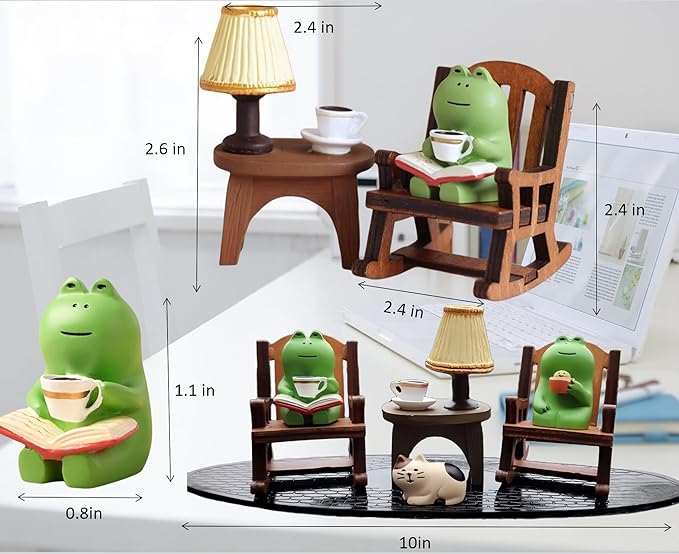 7 Pcs Cute Frog Rocking Chair Set with Miniature Frog Figurines, Mini cat, and Whimsical Trinkets - Versatile Decor for Office, Home, Yard, Patio, and Lawn-VerdiqueGarden