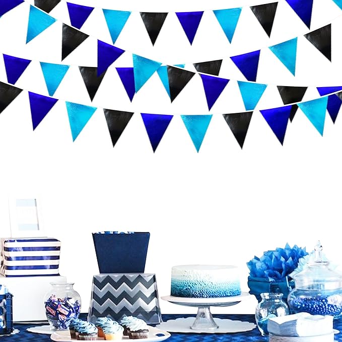 Black Blue Party Decorations Metallic Fabric Triangle Pennant Banner Flag Bunting Garland for Video Game Nautical Birthday Graduations Retirement Wedding Bachelorette Outdoor Holiday Party Supplies-VerdiqueGarden