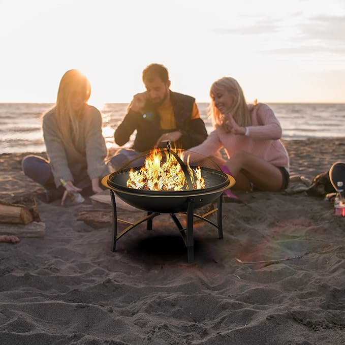 Fire Beauty Fire Pit for Outside Wood Burning,BBQ Grill Steel Fire Bowl with Spark Screen Cover,Log Grate,Poker for Camping Beach Bonfire Picnic Backyard Garden-VerdiqueGarden