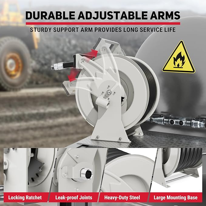 Fuel Hose Reel 1" x 33', 300 PSI Heavy-duty Steel Construction with Refueling Nozzle, Diesel Fuel Reel Used for Aircraft Ship Vehicle Tanker Truck-VerdiqueGarden