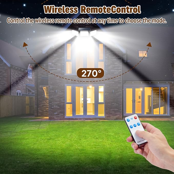 Solar Lights Outdoor Waterproof, Motion Sensor & Flood Outdoor Lights with Remote Control, 4 Adjustable Modes, 3000LM & 218 LED, High-Energy-Density Solar Panel-Monocrystalline Technology, 4 Pack-VerdiqueGarden