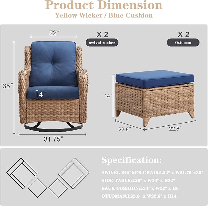 4 Pieces Patio Furniture Sets, Wicker Patio Swivel Glider Chair with Ottomans, Outdoor Furniture Set for Outside Porch, Deck, Balcony, Garden, Yellow-VerdiqueGarden