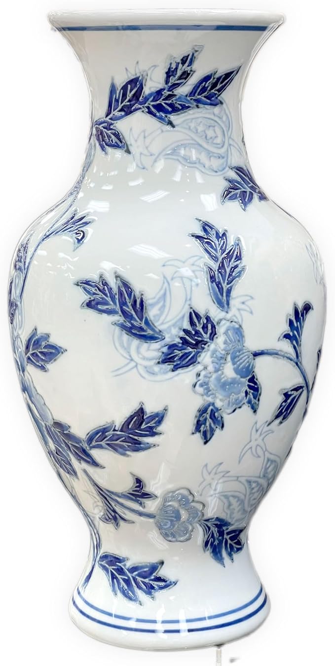 Galt International Blue and White Floral Chinoiserie Ceramic Vase 14" - Hand Painted Antique Style Porcelain Flower Bottle Fishtail Porcelain Chinese Vase for Home Decor Centerpiece-VerdiqueGarden