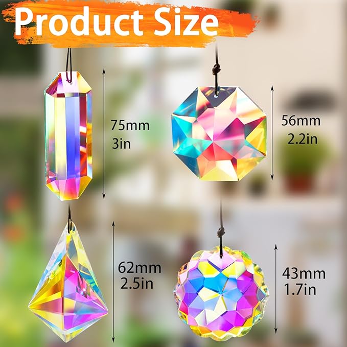 4PCS Colorful Crystal Prism Suncatcher Hanging Crystal Ornament for Window Sun Catchers Feng Shui Decor for Indoor Outdoor Home Garden Decoration-VerdiqueGarden