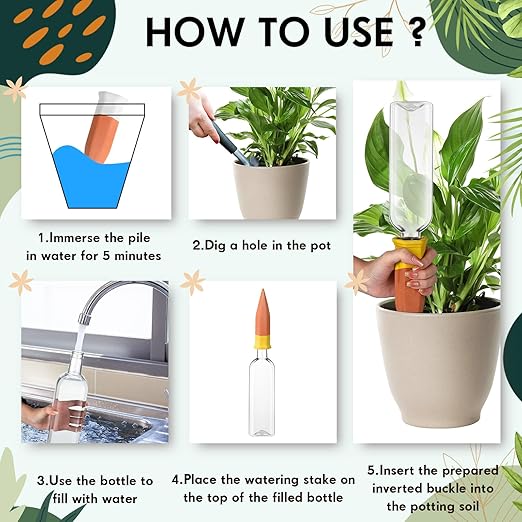 12 Pack Plant Watering Devices, Terracotta Self Watering Spikes with 25 oz Plastic Wine Bottles, Slow Release Plant Waterer Self Watering Planter for Vacation Indoor Outdoor Plant-VerdiqueGarden