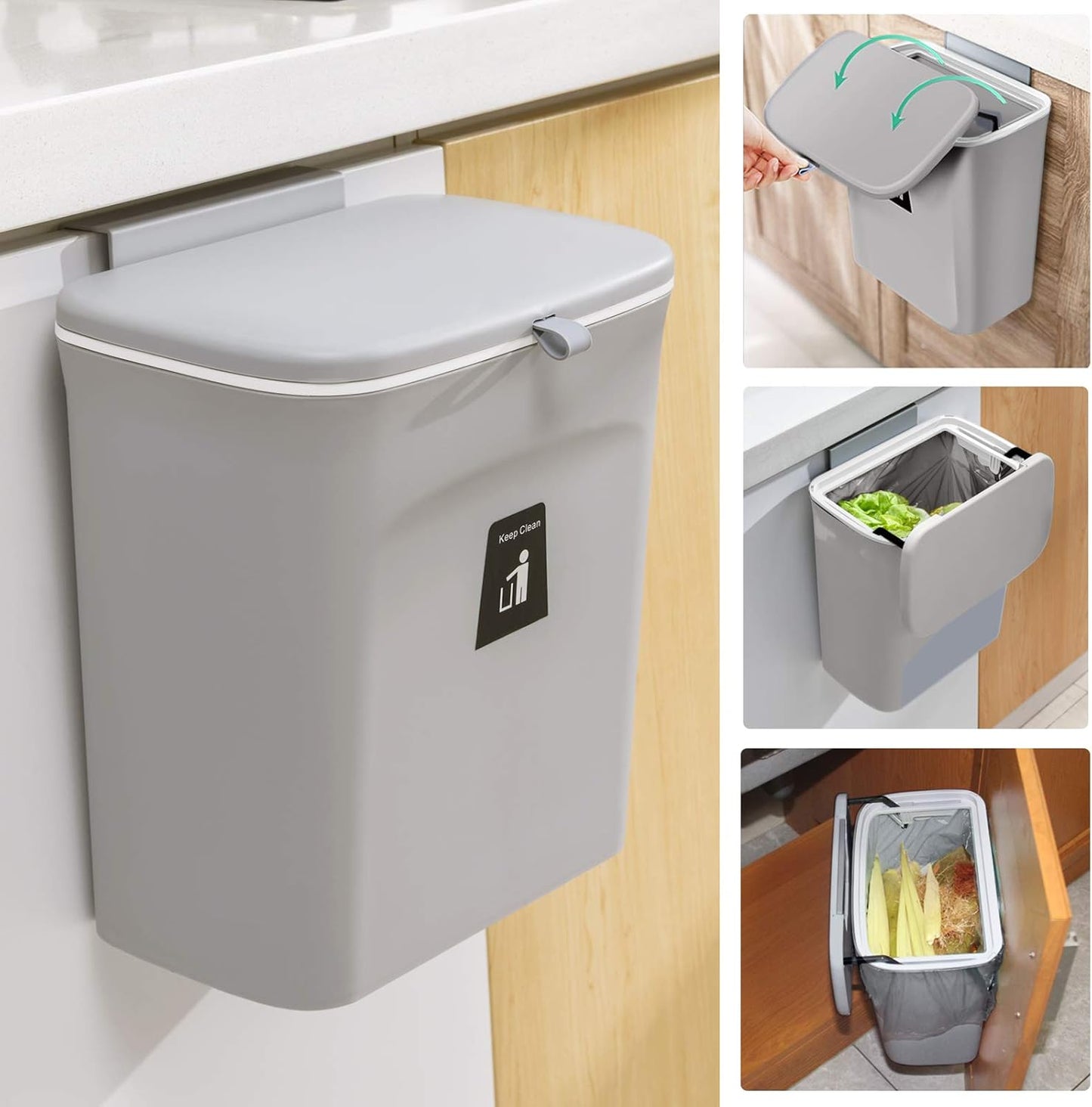 Tiyafuro 2.4 Gallon Kitchen Compost Bin for Counter Top or Under Sink, Hanging Small Trash Can with Lid for Cupboard/Bathroom/Bedroom/Office/Camping, Mountable Indoor Compost Bucket, Gray-VerdiqueGarden