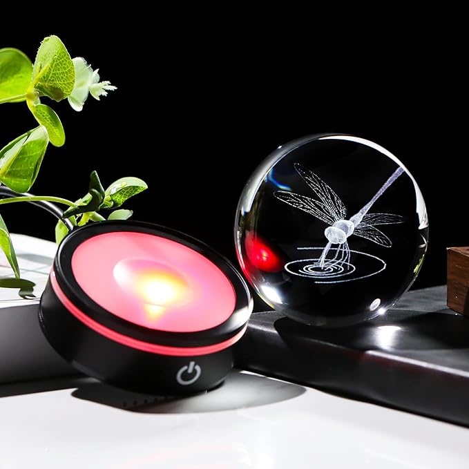 YWHL Crystal Ball 3D Dragonfly Figurine with LED Base, Dragonfly Gifts for Men Women on Christmas Birthday, Glass Animals Insect Sphere Decorative Ball for Home Decor (80mm)-VerdiqueGarden