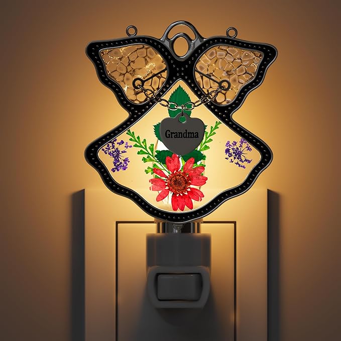 KY&BOSAM Night Light Grandma Stained Glass Angel Night Lights Plug Into Wall with Real Flower in Glass and Metal Charm Night Light for Nursery Bedroom Bathroom Accent Lite Elegant Home Decoration-VerdiqueGarden