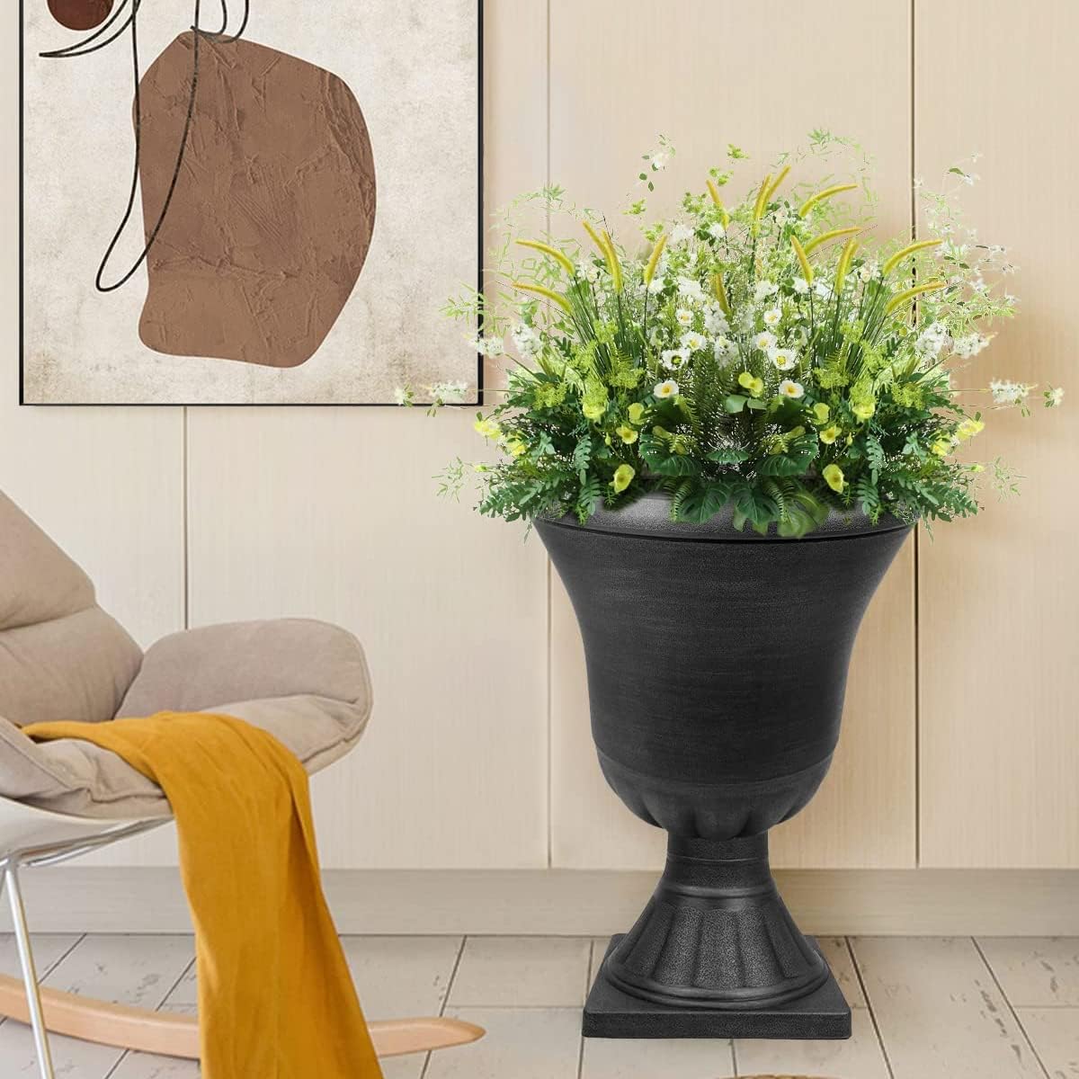 Worth Garden 2-Pack Plastic Urn Planters for Outdoor Plants, 22'' Black Tall Round Classic Resin Traditional Flower Pots - 15 in. Dia. Large Imitation Stone Decorative Pot Patio Deck Front Porch-VerdiqueGarden