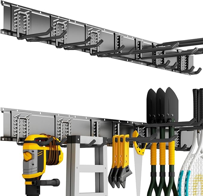 Garage Organization Tool Organizer Wall Mount, 48inch Heavy Duty Garden Tool organizer Storage System, Easy Install With 7 Adjustable Hooks, For Garage, Basement, Shed, Workshop(Black)-VerdiqueGarden