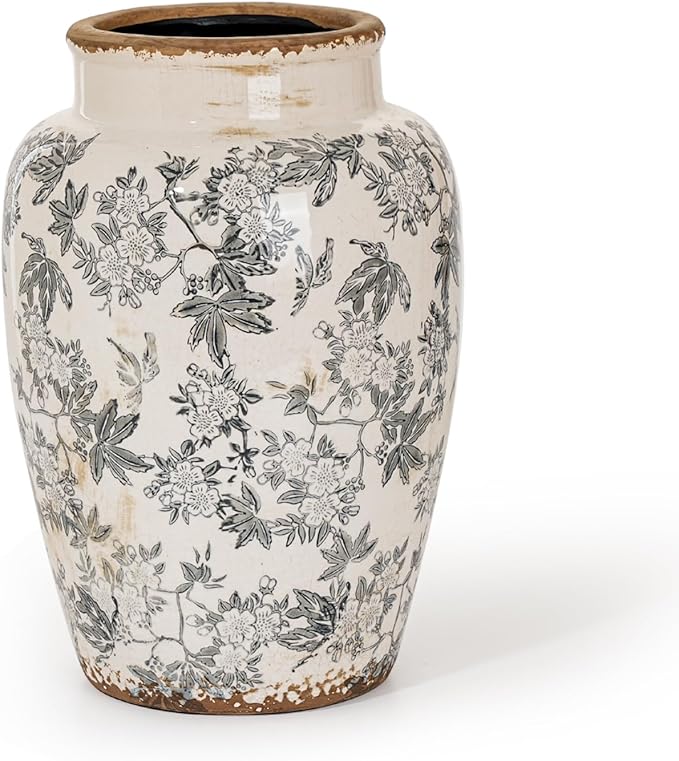 Sungmor Ceramic Flower Vase, Vintage Ice Cracked Glaze Porcelain Vase, Pretty Home Decor Vase for Flower Arrangement, Fresh Flowers, 10.2 Inch Tall Chinoiserie Pottery Vase, Gray Floral Pattern-VerdiqueGarden
