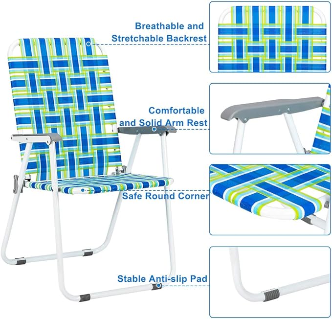 VINGLI Patio Lawn Webbed Folding Chairs Set of 2, Outdoor Beach Portable Lawn Chair Camping Chair Beach Chair for Yard, Garden Dining (Blue, Classic)-VerdiqueGarden