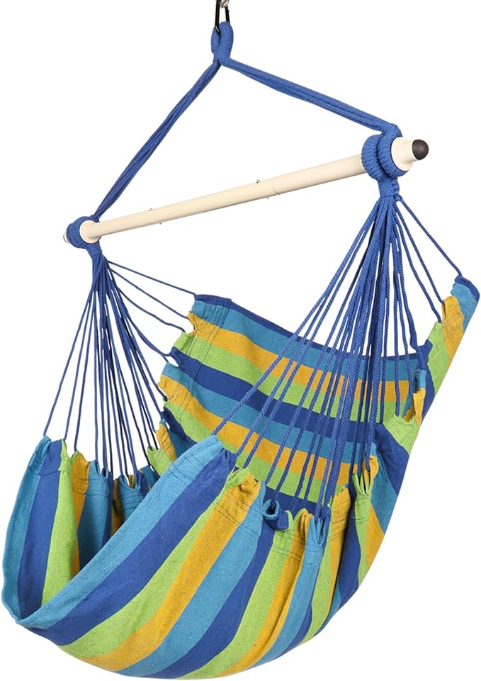 Highwild Hammock Chair Hanging Rope Swing - Max 500 Lbs - Steel Spreader Bar with Anti-Slip Rings - for Any Indoor or Outdoor Spaces (Blue Striped)-VerdiqueGarden