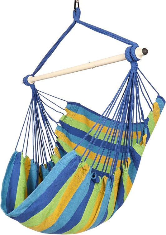 Highwild Hammock Chair Hanging Rope Swing - Max 500 Lbs - Steel Spreader Bar with Anti-Slip Rings - for Any Indoor or Outdoor Spaces (Blue Striped)-VerdiqueGarden