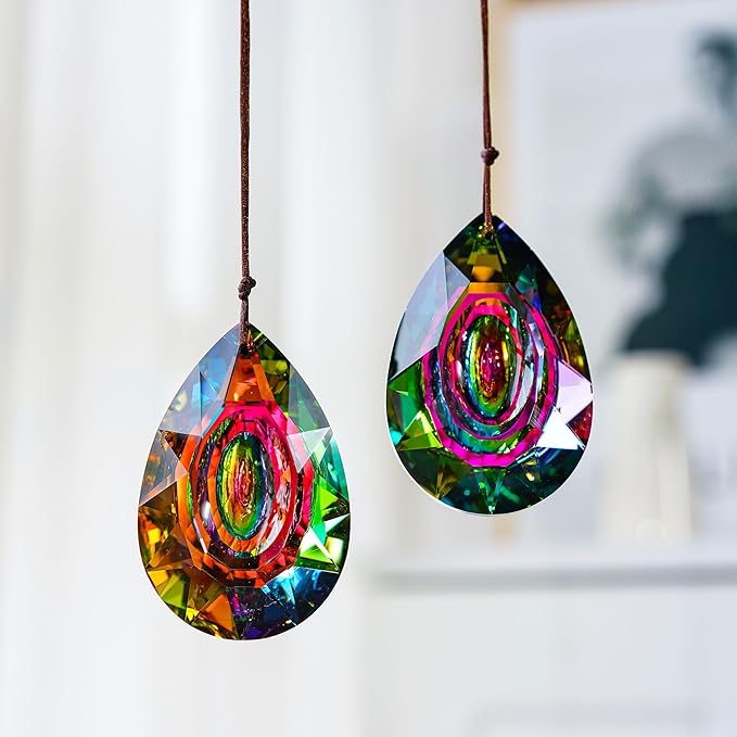 HDCRYSTALGIFTS 2PCS 76mm Crystal Prisms Suncatchers Hanging Ornament for Window, Chandelier Lamp Drops Pendant Rainbow Maker Home Garden Decoration (Single Face Colorful)-VerdiqueGarden