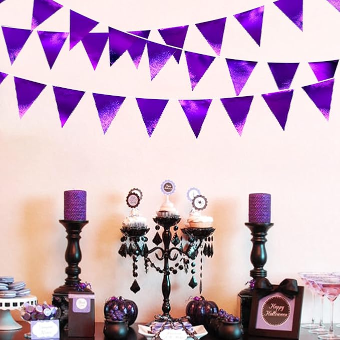 Purple Party Decorations Triangle Pennant Banner Flag Dark Purple Metallic Fabric Bunting Garland for Graduation Wedding Bridal Shower Birthday Anniversary Holiday Halloween Disco Party Supplies-VerdiqueGarden