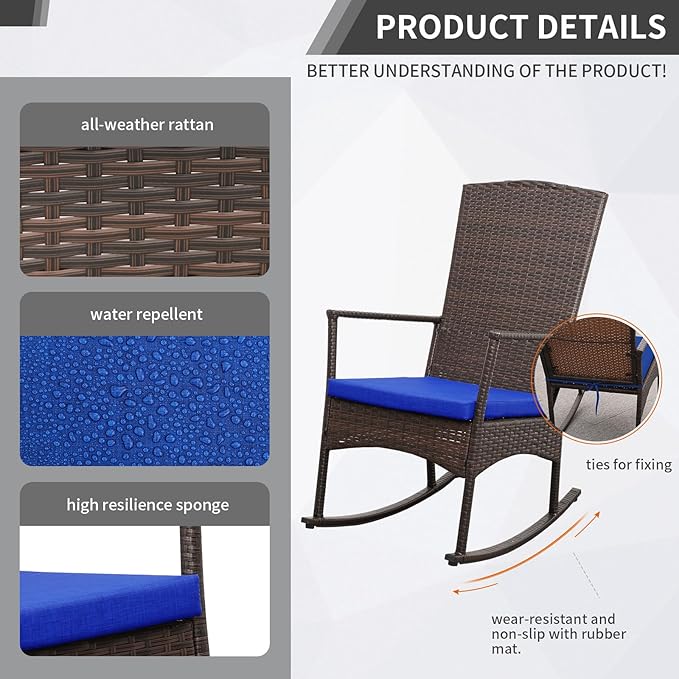 Outdoor Rocking Chairs Set - 3 High-Backed Patio Rockers with Bistro Table & Anti-Slip Cushions, Dark Blue-VerdiqueGarden