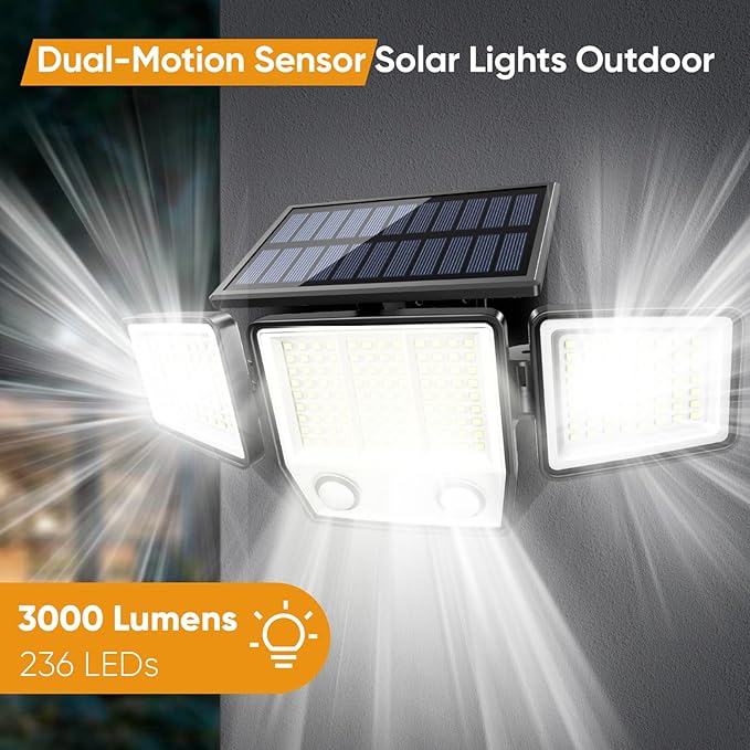 Solar Motion Sensor Outdoor Lights Waterproof - 3000LM 3 Modes Security Lights Outdoor 270° Illumination IP65 LED Solar Flood Wall Light for Garden Yard Patio Pathway-VerdiqueGarden