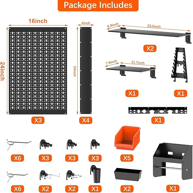 TORACK Metal Pegboard Wall Organizer 4ft Wide, Tool Storage Pegboard System for Garage with Accessories, Wall Mount Storage Bins, Shelves, Peg board Tool Organizer Kit for Workbench(Black)-VerdiqueGarden