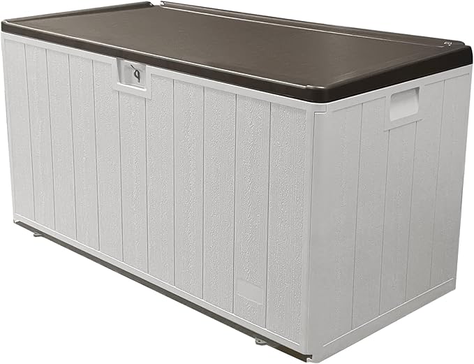 110 Gallon Pro Outdoor Storage Box, Waterproof Resin Deck Box for Patio, Pool, and Garden, Lockable Bin for Cushions, Tools, and Accessories, UV-Resistant, Grayish Brown-VerdiqueGarden