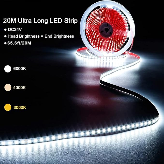 24V 65.6ft/20m LED Strip Light Natural White 4000K 2400LEDs High Brightness 12000LM SMD2835 Flexible No-Waterproof IP20 LED Tape for Kitchen Backyard Hallways Stairs Decoration(No Power Supply)-VerdiqueGarden