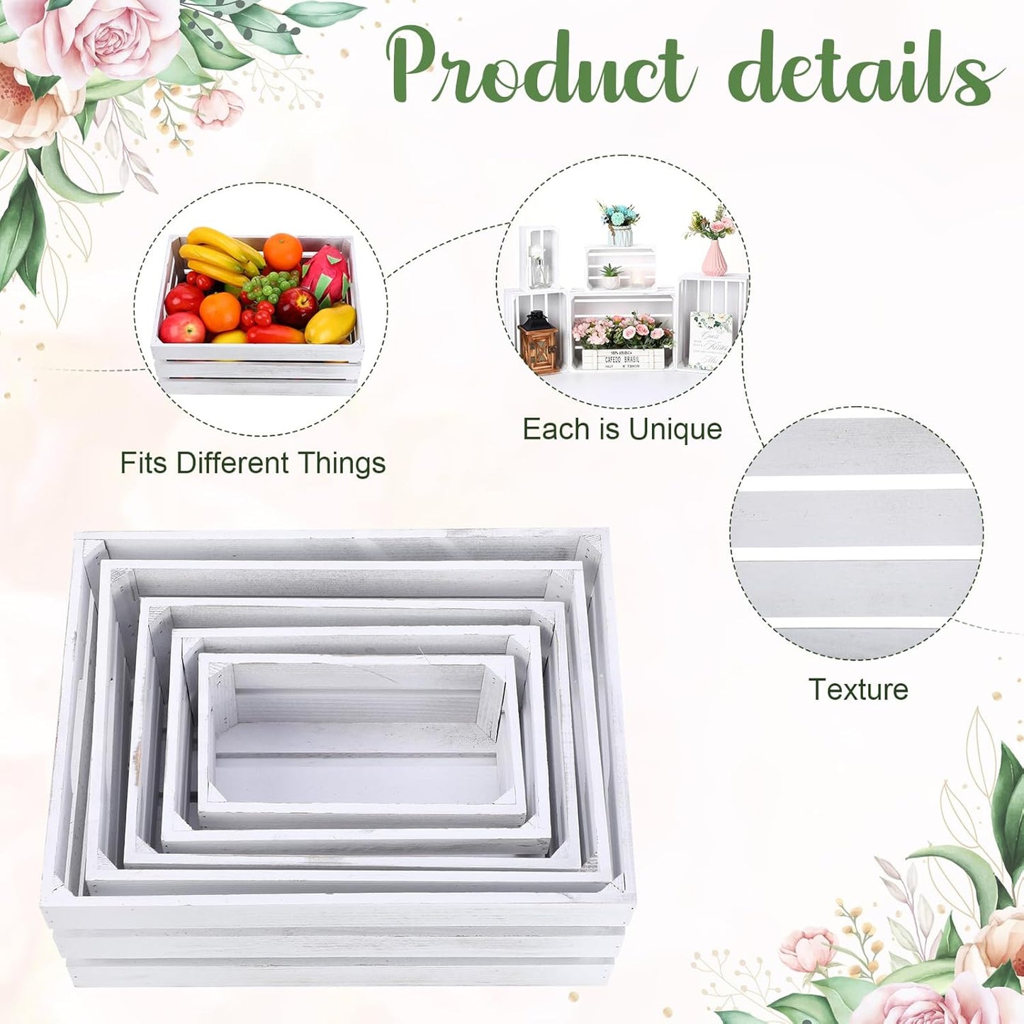 Soaoo 5 Pcs Decorative Nesting Wooden Crates for Storage Display 5 Size Large Small Rustic Wood Decorative Storage Crates with Handle Farmhouse Crate Box Container Made from Pine(Vintage White)-VerdiqueGarden