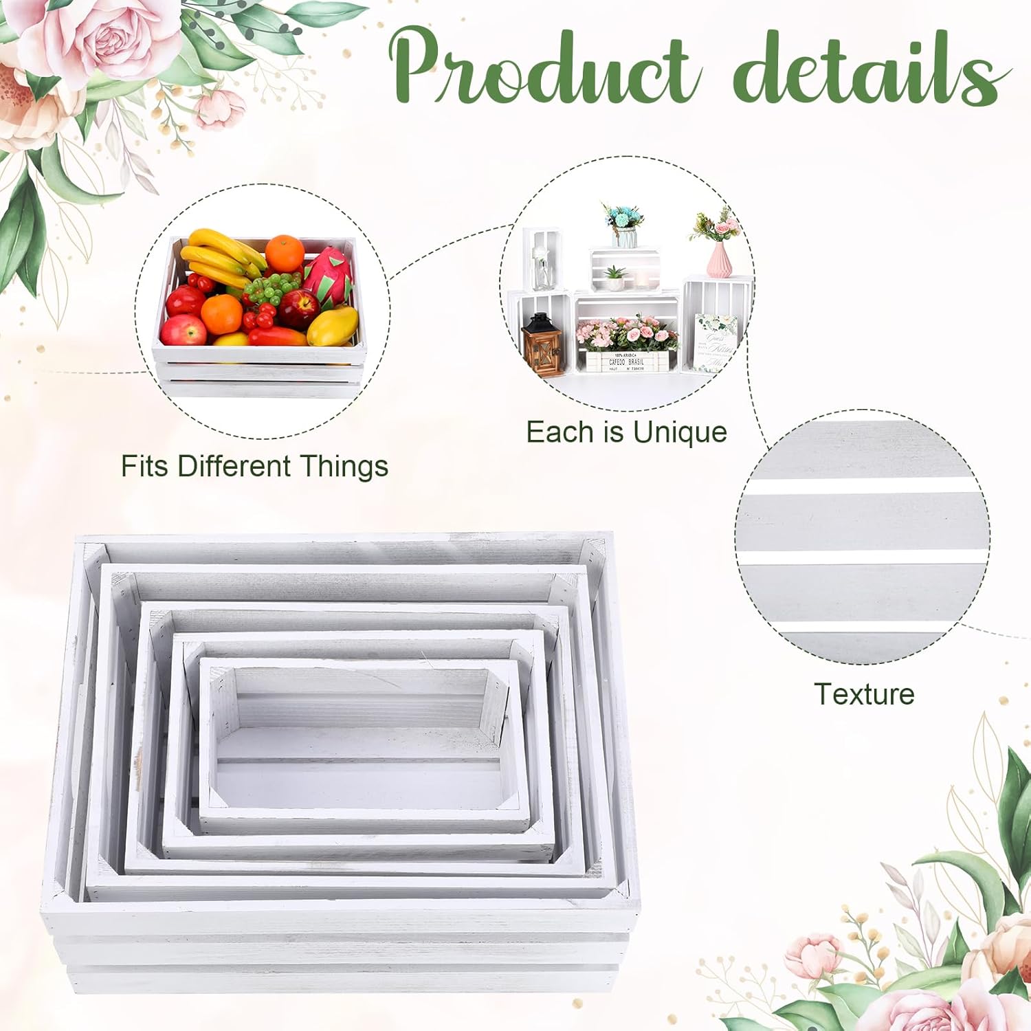 Soaoo 5 Pcs Decorative Nesting Wooden Crates for Storage Display 5 Size Large Small Rustic Wood Decorative Storage Crates with Handle Farmhouse Crate Box Container Made from Pine(Vintage White)-VerdiqueGarden