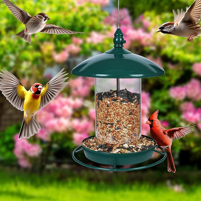 Metal Bird Feeder for Outside Hanging,Wild Bird Feeders for Cardinal, Large Roof and Tray - 6 Port-VerdiqueGarden