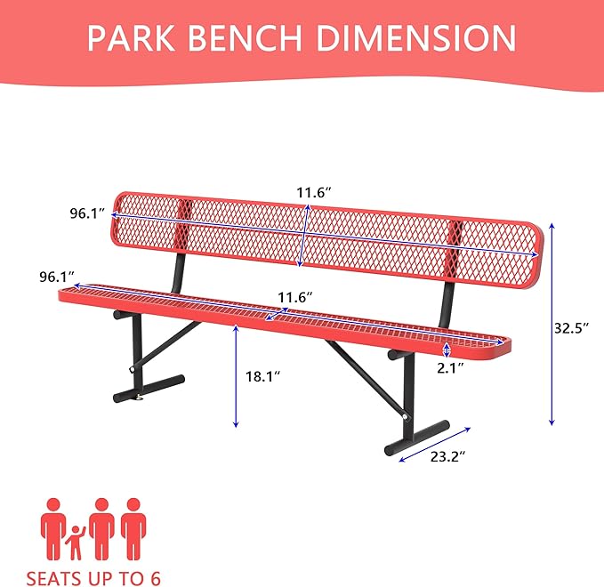4/6/8 Feet Park Bench for Outside Heavy Duty Metal, Garden Benches Outdoor Bench with Backrest & Portable Frame, for Shopping Malls Stores Parks Patios Decks, Red-VerdiqueGarden