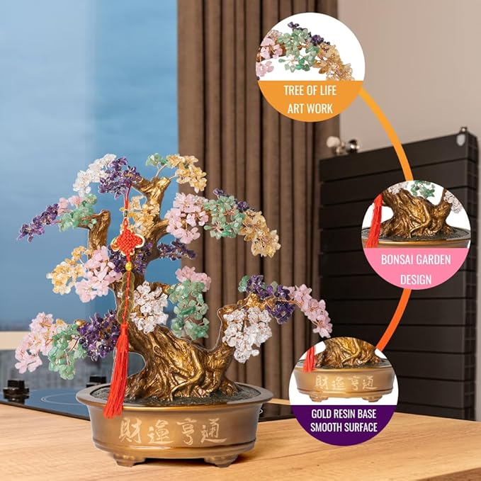 Natural Chakra Gemstone Crystal Bonsai Tree of Life（1,350 Gemstone Count） Large Feng Shui Money Tree for Luck and Wealth Desk Decoration 20 Inches-VerdiqueGarden