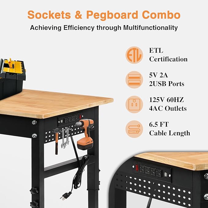 70" Adjustable Height Workbench, 2000 LBS Heavy Duty Work Table with Power Outlets & Pegboard, Rubber Wood Workstation for Garage, Workshop, Office, Home, Commercial-VerdiqueGarden