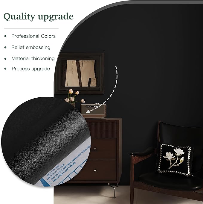 Dimoon 236''x17.7'' Black Peel and Stick Wallpaper Contact Paper Modern Self Adhesive Wall Paper Removable Renter Friendly Textured Solid Color Shelf Cabinet Vinyl Roll (236''x17.7'',Black)-VerdiqueGarden